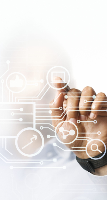 Businessman pointing at his business presentation on the high technology digital screen